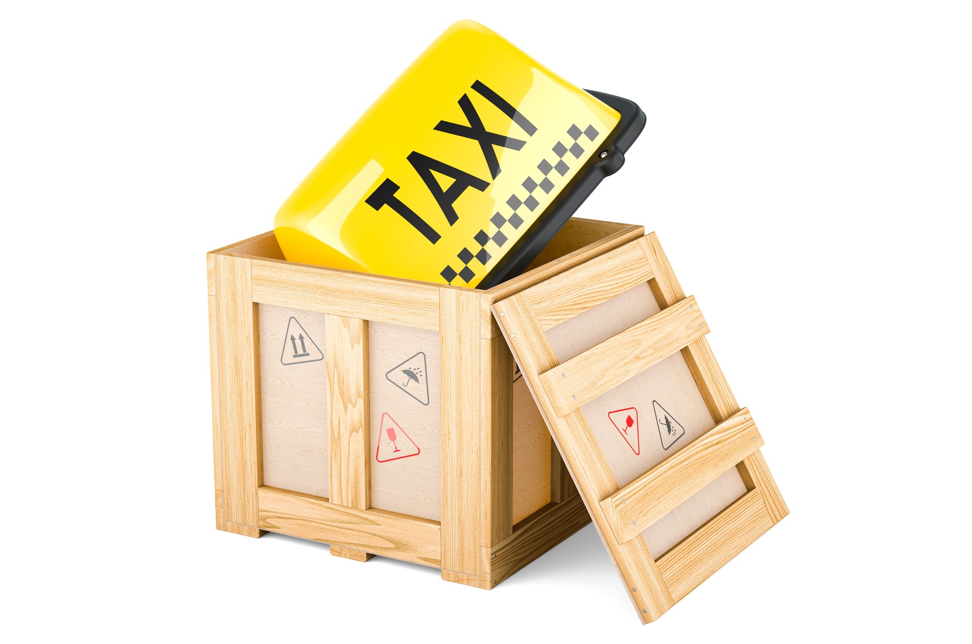 Taxi car signboard inside wooden box, delivery concept. 3D rendering